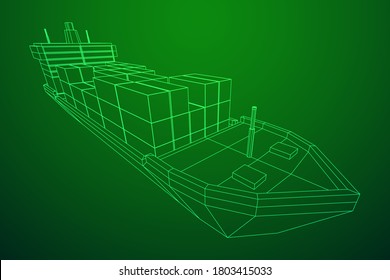 Heavy dry cargo ship of bulk carrier with freight containers. Wireframe low poly mesh vector illustration.