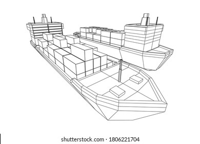 Heavy dry cargo ship of bulk carrier with freight containers. Wireframe low poly mesh vector illustration. svg