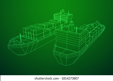 Buque de carga pesada y seco de granelero con contenedores de carga. Ilustración vectorial de malla baja de malla de malla de alambre.