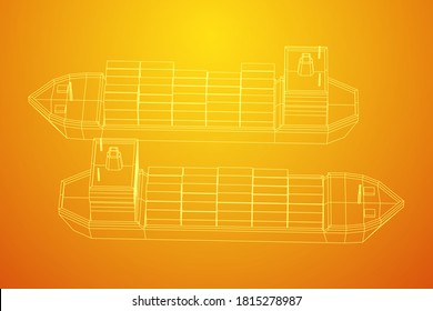 Heavy dry cargo ship of bulk carrier with freight containers. Wireframe low poly mesh vector illustration.