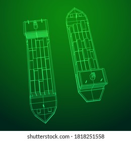 Heavy dry cargo ship of bulk carrier with freight containers. Wireframe low poly mesh vector illustration.