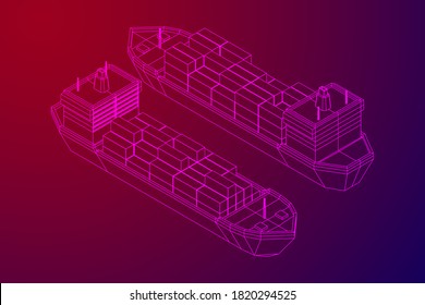 Heavy dry cargo ship of bulk carrier with freight containers. Wireframe low poly mesh vector illustration.