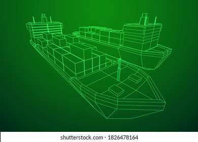 Heavy dry cargo ship of bulk carrier with freight containers. Wireframe low poly mesh vector illustration.