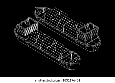 Heavy dry cargo ship of bulk carrier with freight containers. Wireframe low poly mesh vector illustration.