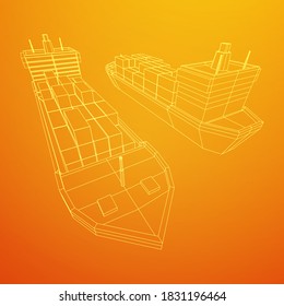 Heavy dry cargo ship of bulk carrier with freight containers. Wireframe low poly mesh vector illustration.