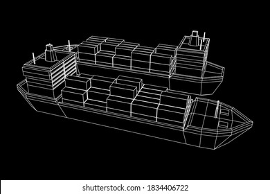 Heavy dry cargo ship of bulk carrier with freight containers. Wireframe low poly mesh vector illustration.