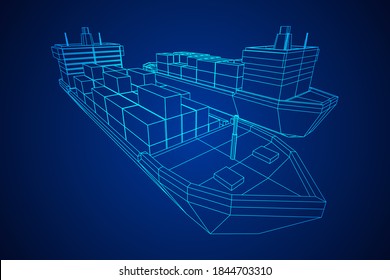 Heavy dry cargo ship of bulk carrier with freight containers. Wireframe low poly mesh vector illustration. svg