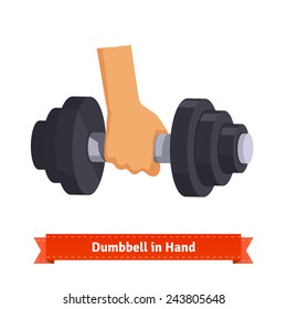 Heavy dumbbell in hand. Flat style illustration. 