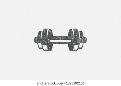 Heavy dumbbell silhouette as symbol of weightlifting training in gym hand drawn stamp vector illustration. Grunge texture on old paper for poster or label decoration