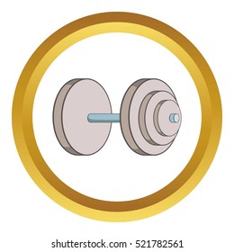 Heavy dumbbell vector icon in golden circle, cartoon style isolated on white background