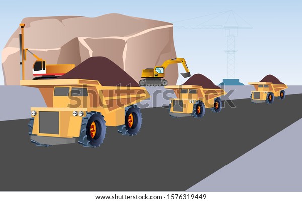 heavy dump\
trucks carry a load on a quarry,\
vector