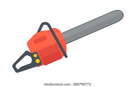 A heavy duty chainsaw used to cut, trim trees and firewood. A Contemporary style. Vector flat design illustration isolated white background. Horizontal layout.