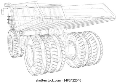 Heavy duty dump truck tipper drawing on white. EPS10 format. Vector created of 3d. Wire-frame style.