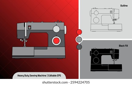 Heavy Duty Industrial Sewing Machine Full Metal in 3 variation vector illustration icon set, lineal color, outline, and black fill silhouette. Textile and Garment Factory design element for education.