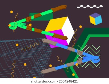 Cortador de cable Grande resistente, cortador viejo para el fondo geométrico gráfico retro del tema del alambre o de las barras de acero. Elementos geométricos mínimos. Ilustración vectorial de Formas abstractas de Antiguas.