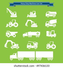 Heavy duty machines, heavy construction machinery icons set