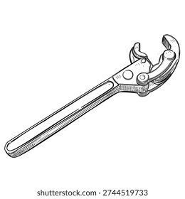 heavy duty pipe wrench tool vector line art hand drawn illustration