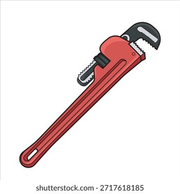 Arte vetorial de chave de tubo vermelho resistente projetada para encanamento e manutenção industrial. Esta ilustração de ferramenta profissional apresenta mandíbulas serrilhadas ajustáveis para uma aderência firme em tubos. Excelente para manuais de engenharia.