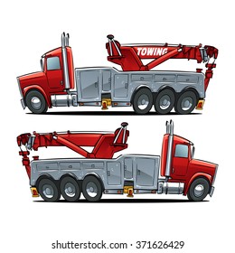 Heavy Duty Rotator Tow Truck. Cartoon Illustration. Side View