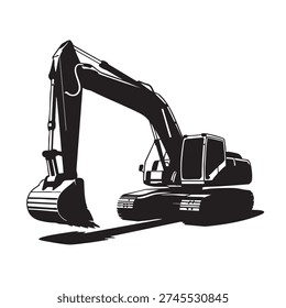Heavy duty tracked excavator vector illustration rendered in striking black silhouette shows the powerful hydraulic arm and large bucket ready for demanding excavation work on any site.