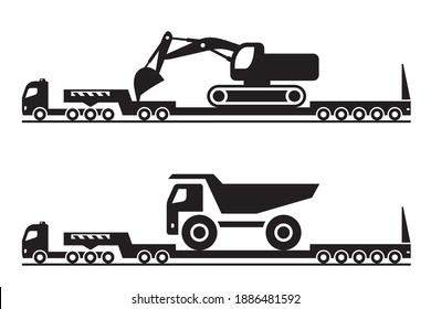 Heavy duty tractor transports excavator and dump truck – vector illustration