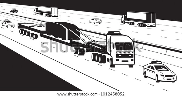 Heavy duty truck with pilot cars on highway\
- vector illustration