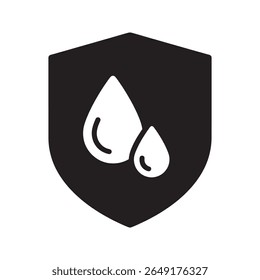 Heavy duty waterproof protection icon with a shield and multiple drops for superior defense against rain and liquid immersion vector solid glyph icon