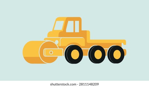 Heavy duty yellow road roller machinery for asphalt paving and soil compaction is illustrated on a soft light blue background.