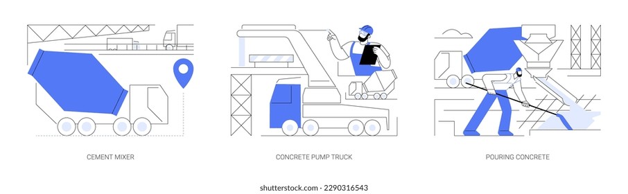 Heavy equipment abstract concept vector illustration set. Cement mixer, concrete pump truck, pouring concrete at construction site, heavy building machinery, industrial transport abstract metaphor.