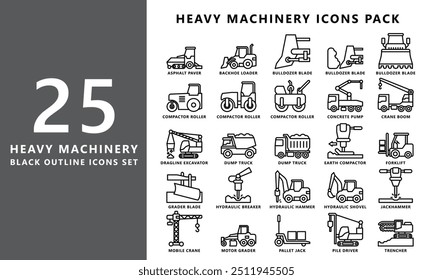 Equipamento pesado conjunto de ícone de contorno preto, contém compactador, escavadora, escavadora, escavadora, grua, carregador, marreta e muito mais. vetor EPS 10. use para desenvolvimento de construções de interface do usuário, UX, app e web.