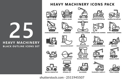 Heavy equipment black outline icon set, contain compactor, excavator, bulldozer, crane, loader, jackhammer and more. vector EPS 10. use for UI, UX, app and web constructions development.