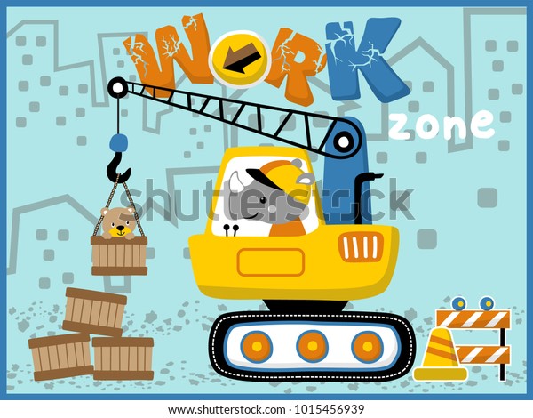 Heavy equipment cartoon vector. Little animals on\
work zone with heavy\
tool
