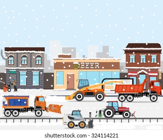 Heavy Equipment Cleans The Road In The Storm Of Snow In The City. Snow Removers. Road Works. Vector Illustration