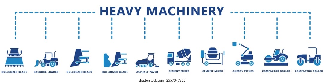 Heavy equipment dual tone icon set, contain compactor, excavator, bulldozer, crane, loader, cement mixer and more. vector EPS 10. use for print, UI, UX, app and web constructions development.