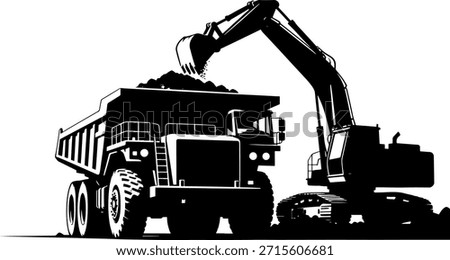 Heavy Equipment Excavator Loading Dump Truck Silhouette