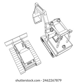Heavy equipment excavator machine manufacturing power equipment for open pit mining. Wireframe low poly mesh vector illustration