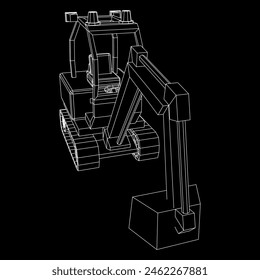 Heavy equipment excavator machine manufacturing power equipment for open pit mining. Wireframe low poly mesh vector illustration