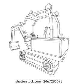 Heavy equipment excavator machine manufacturing power equipment for open pit mining. Wireframe low poly mesh vector illustration