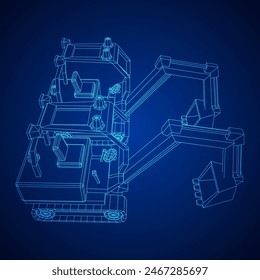 Heavy equipment excavator machine manufacturing power equipment for open pit mining. Wireframe low poly mesh vector illustration