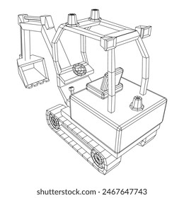 Heavy equipment excavator machine manufacturing power equipment for open pit mining. Wireframe low poly mesh vector illustration