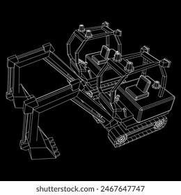 Heavy equipment excavator machine manufacturing power equipment for open pit mining. Wireframe low poly mesh vector illustration