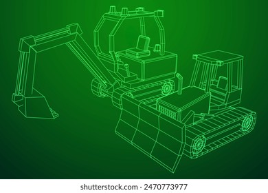 Schwere Ausrüstung Bagger Maschine Herstellung von Kraftausrüstung für Tagebau. Drahtmodell-Vektorillustration mit niedrigem Polynetz