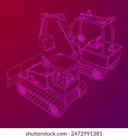 Heavy equipment excavator machine manufacturing power equipment for open pit mining. Wireframe low poly mesh vector illustration