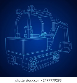 Heavy equipment excavator machine manufacturing power equipment for open pit mining. Wireframe low poly mesh vector illustration