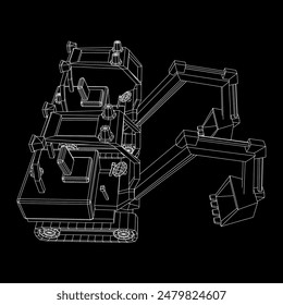 Heavy equipment excavator machine manufacturing power equipment for open pit mining. Wireframe low poly mesh vector illustration