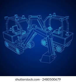 Heavy equipment excavator machine manufacturing power equipment for open pit mining. Wireframe low poly mesh vector illustration