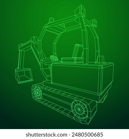 Heavy equipment excavator machine manufacturing power equipment for open pit mining. Wireframe low poly mesh vector illustration