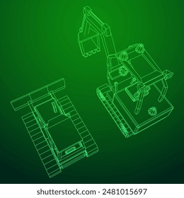 Heavy equipment excavator machine manufacturing power equipment for open pit mining. Wireframe low poly mesh vector illustration