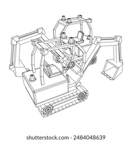 Heavy equipment excavator machine manufacturing power equipment for open pit mining. Wireframe low poly mesh vector illustration