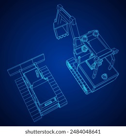 Heavy equipment excavator machine manufacturing power equipment for open pit mining. Wireframe low poly mesh vector illustration
